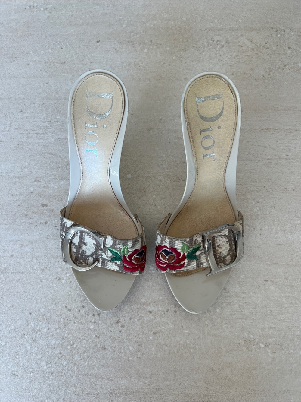Vintage Dior John Galliano Beige Mules with Red Rose Embroidery